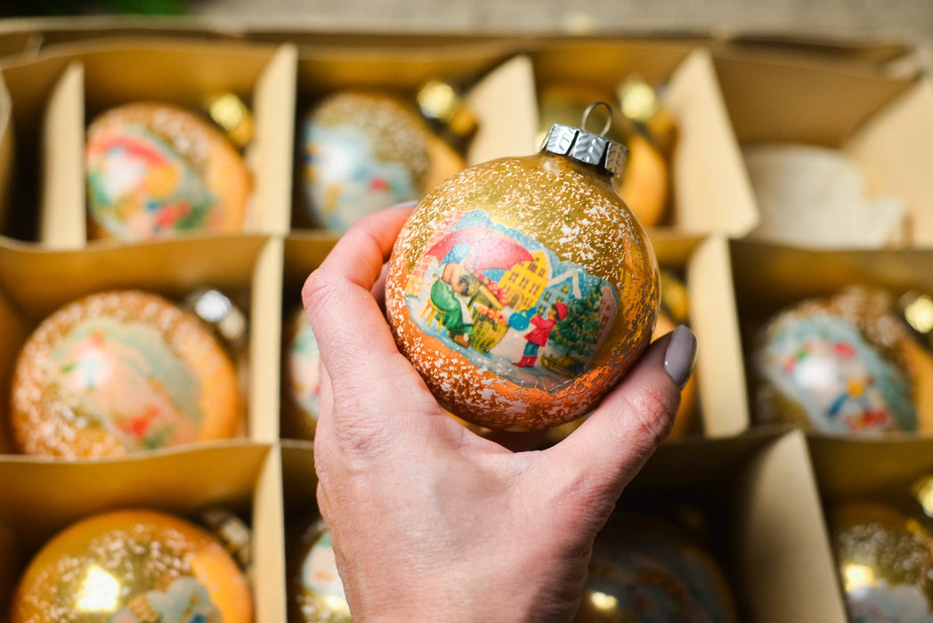 Vintage Glass Ornaments – Set of 12 Gold Christmas Baubles with Snowy Winter Scenes