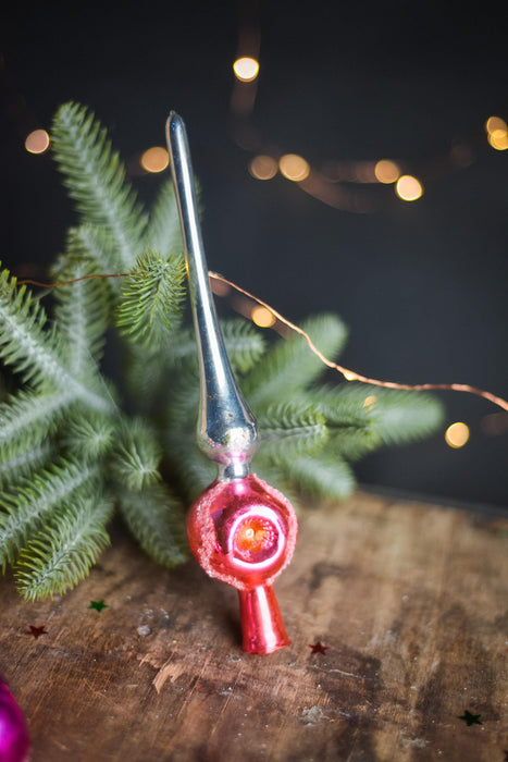 Vintage Silver & Orange Indent Glass Tree Topper – 1960s