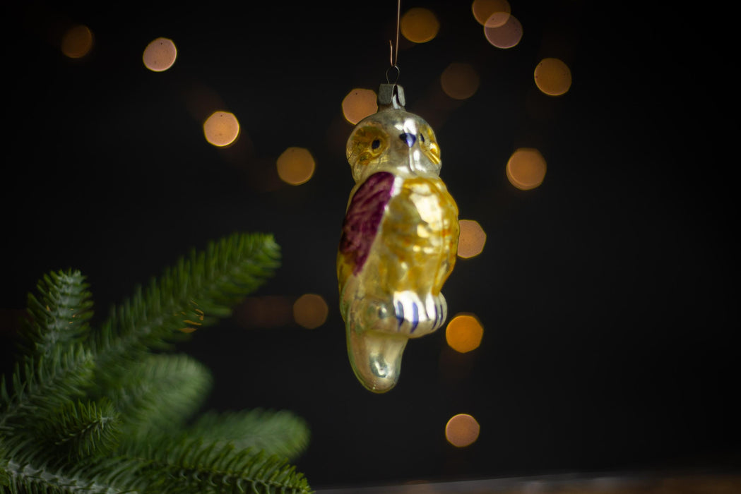 Vintage Glass Owl Christmas Ornament, Silver Bird Tree