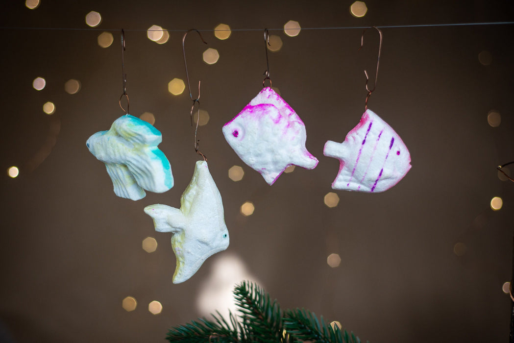 Vintage Fish Christmas Ornaments, Styrofoam Xmas Tree