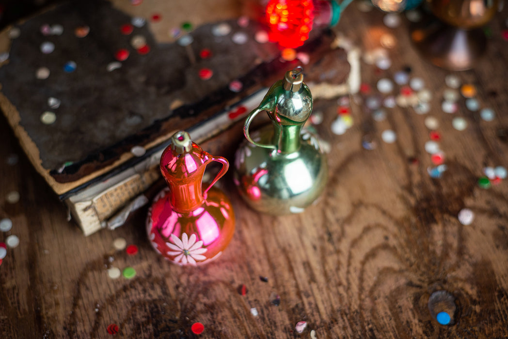 Vintage Glass Jug Christmas Ornament, Hand Painted Floral