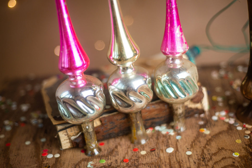Vintage Silver & Pink Glass Christmas Tree Topper – 1960s