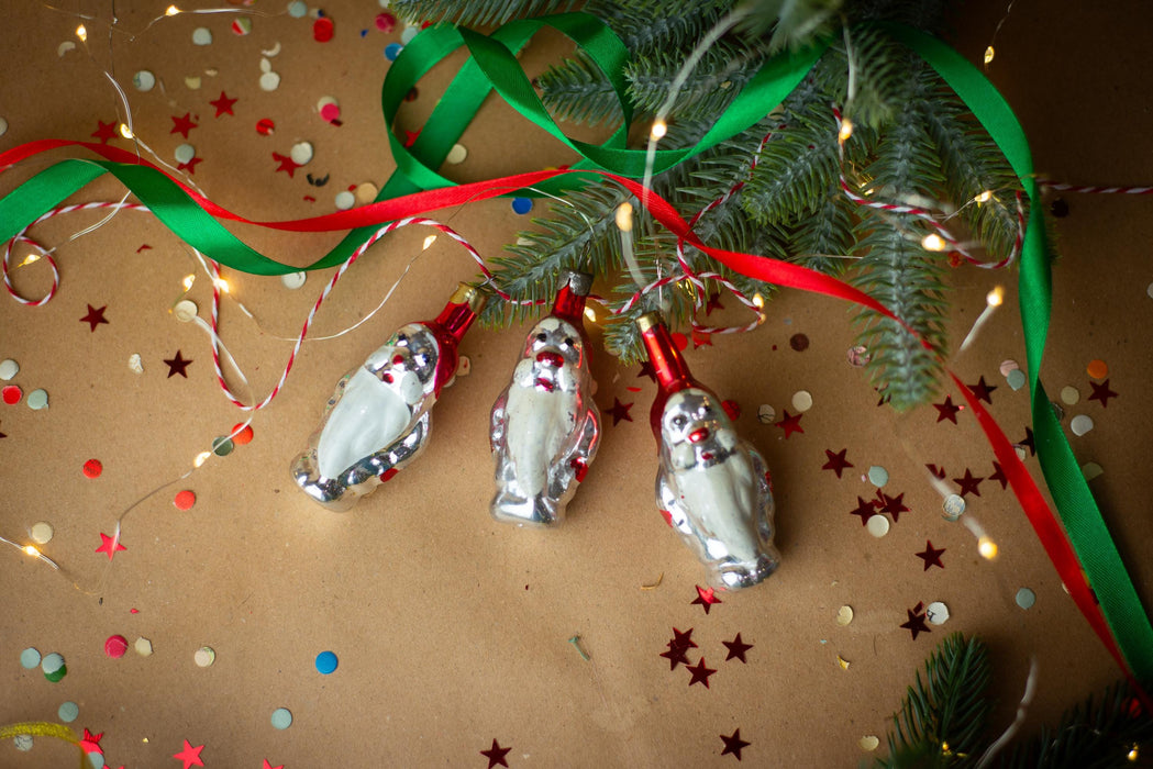 Vintage Glass Gnome Ornament, 1960s Silver & Red Soviet