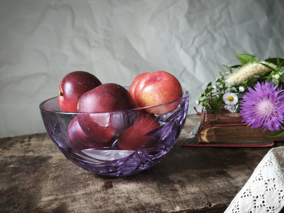Vintage Purple Crystal Bowl – 1970s Violet Glass Fruit Bowl With Faceted Design