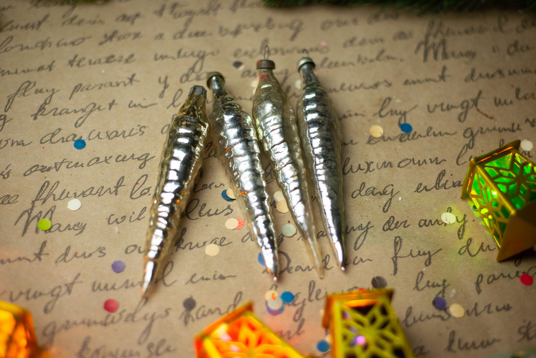 Silver Glass Icicle Christmas Ornaments, Set of 4 – 11 cm