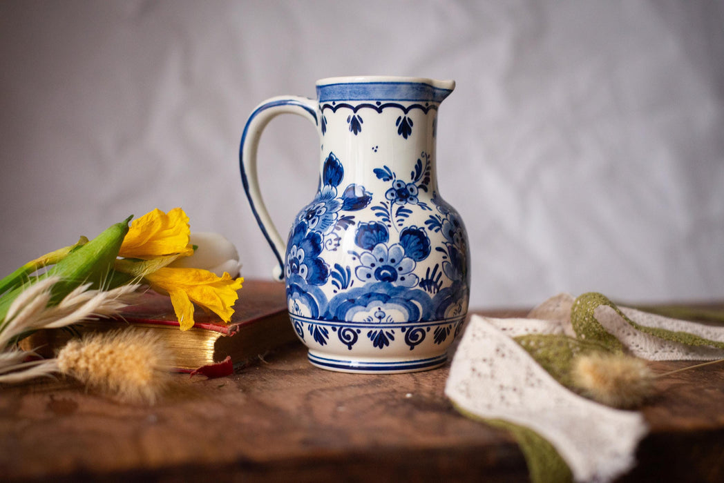 Hand-painted Delft Blue pitcher, flowers and birds, Holland Vintage Ceramic