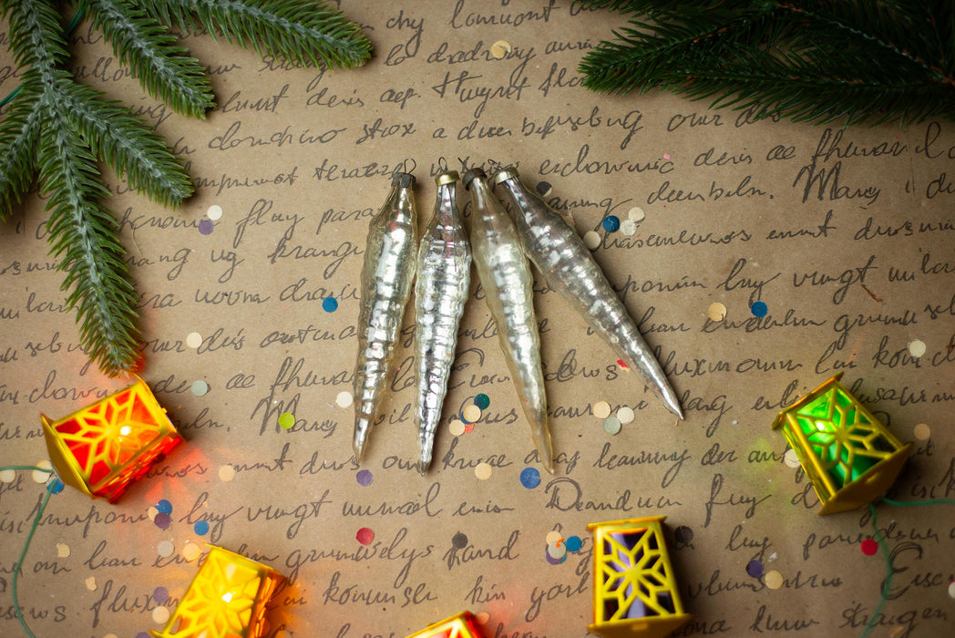 Silver Glass Icicle Christmas Ornaments, Set of 4 – 11 cm