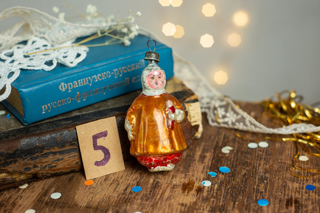 Vintage Girl Glass Ornament, 1960s Soviet Christmas