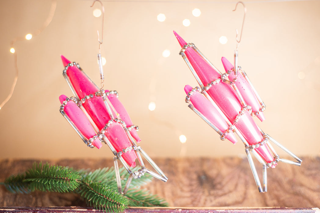 Vintage Rocket Ornament, Hot Pink 1950s Glass Beaded Montage