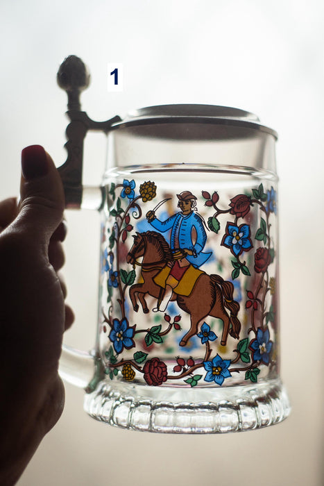 Vintage German Glass Beer Stein with Pewter Lid Medieval & Floral Tankard