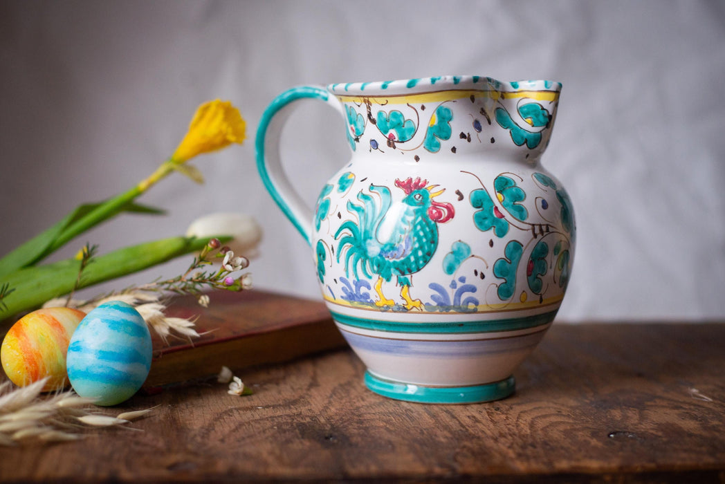 Italian Deruta Rooster Pitcher – Hand Painted Ceramic Vase