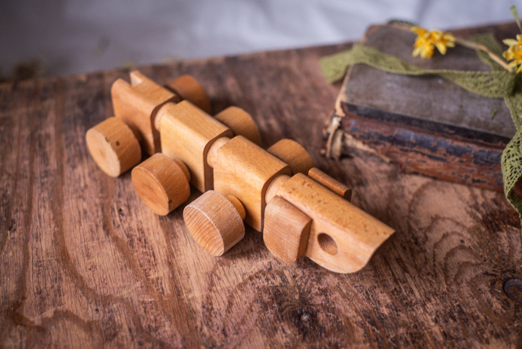 Vintage Wooden Dog Toy, Natural Wood Pull-Along Puppy on Wheels