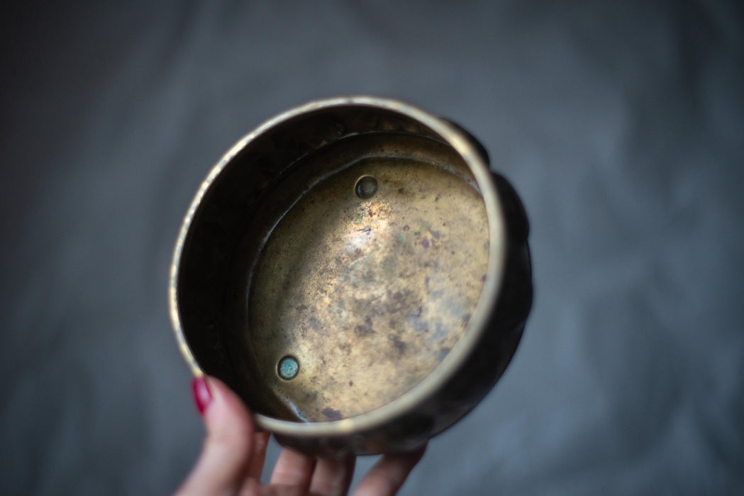 Vintage Brass Planter Bowl | German Brass Dish With Embossed Floral Pattern
