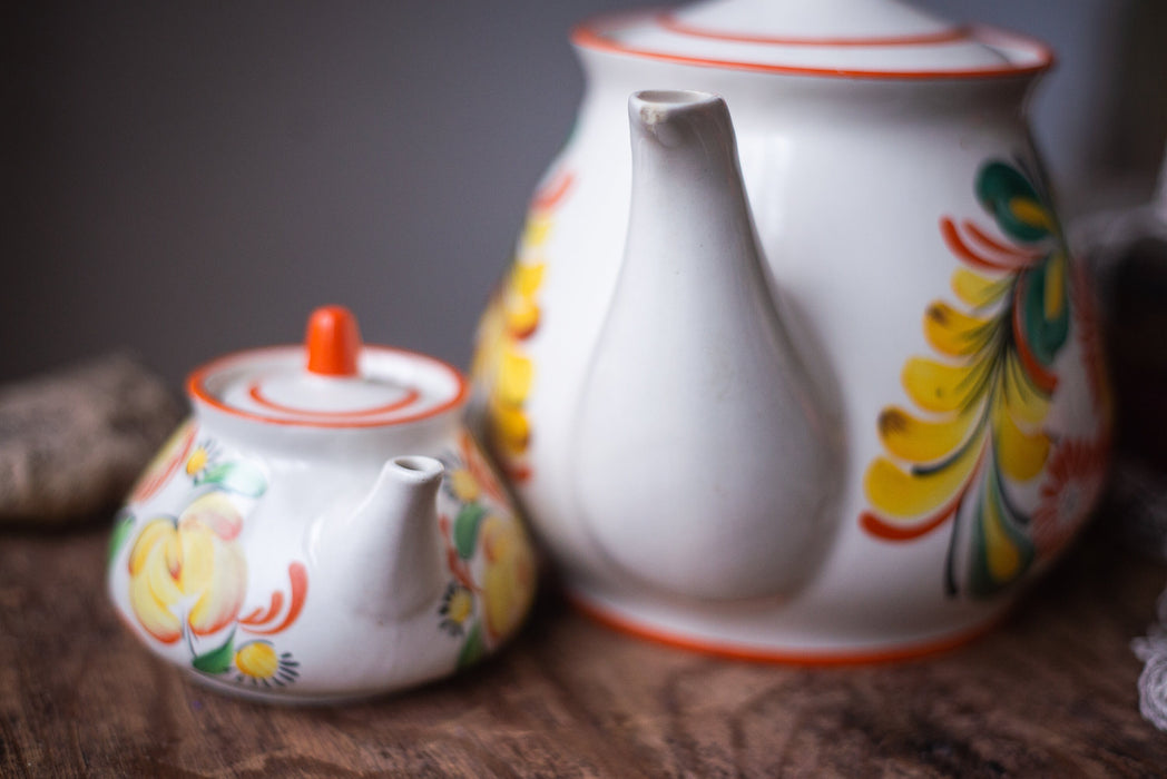 Vintage Ceramic Teapot Set with Petrikivka Flowers, Hand Painted Folk Art Tea Duo