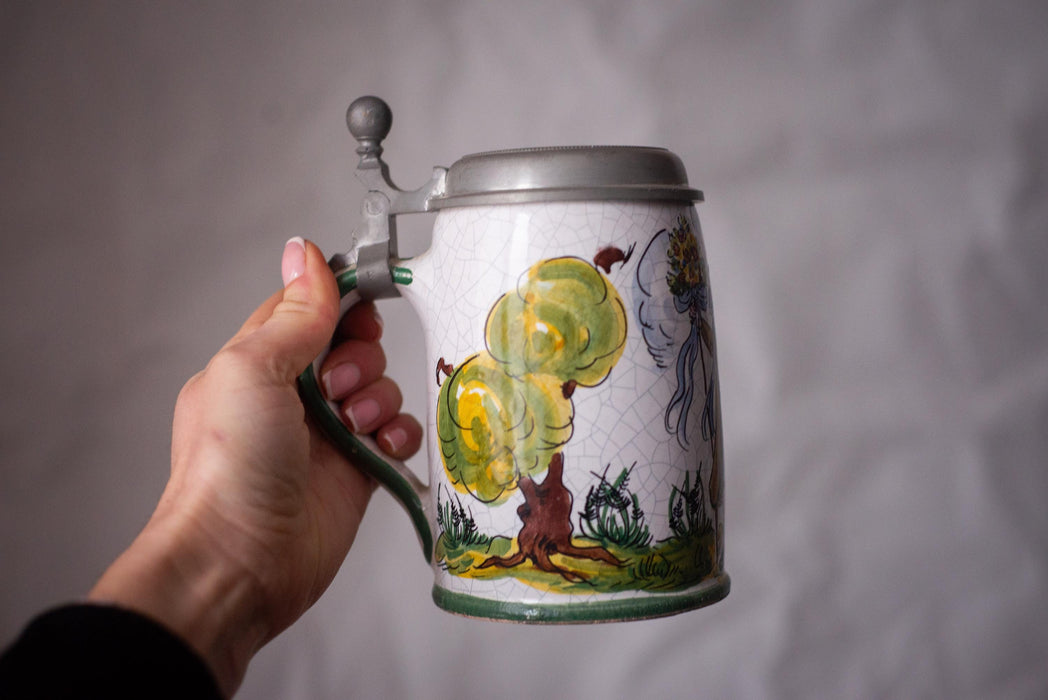 Vintage German Beer Stein Hunter Scene Ceramic Mug with Pewter Lid Bavarian Tankard