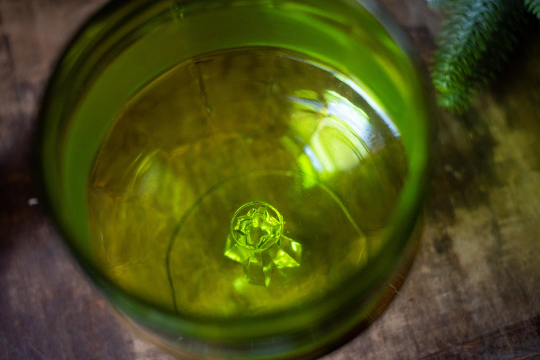 Mid-Century Green Crystal Compote Bowl: Gold Trim Vase, 1970s Decor