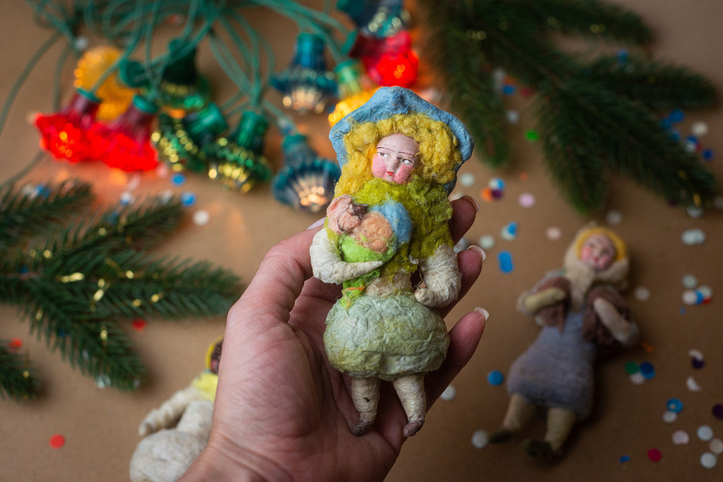 Spun cotton antique Christmas ornaments, girl figurine Xmas tree decoration, collectible