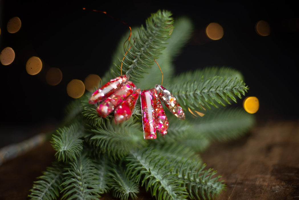 Boho Mosaic Christmas Ornaments, Iridescent Red Glass