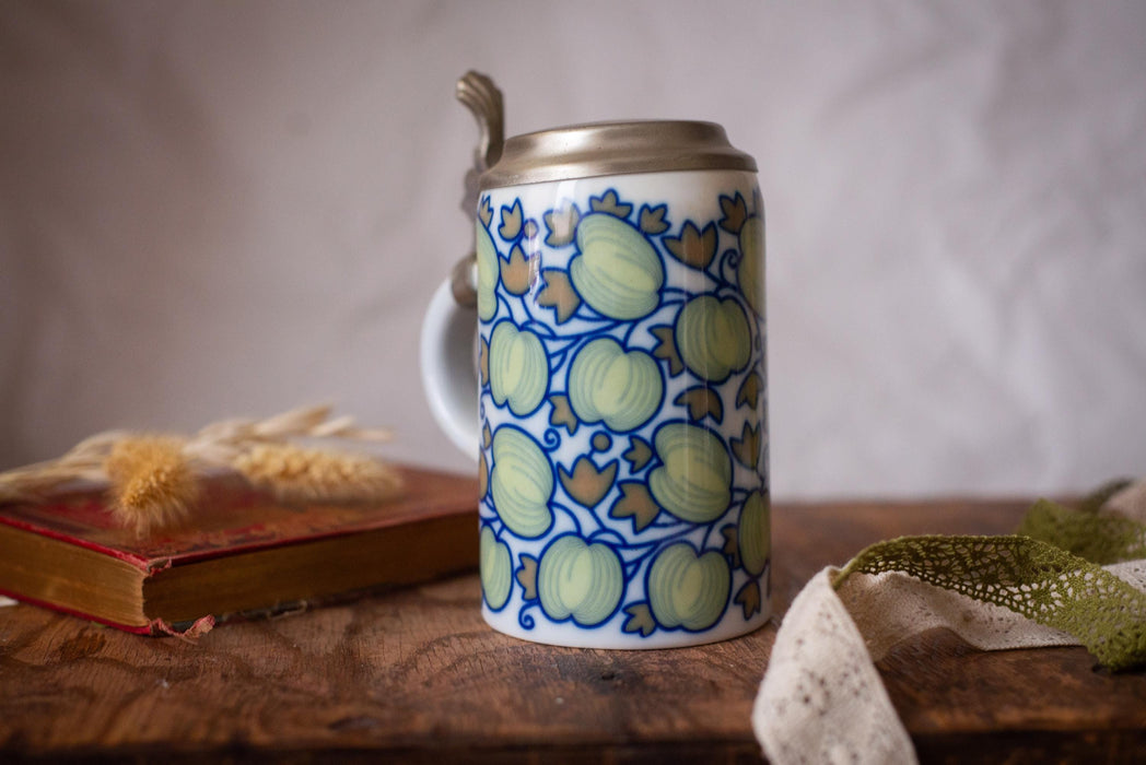 Vintage Bavarian Beer Stein Apple Pattern Ceramic Mug with Lid Germany