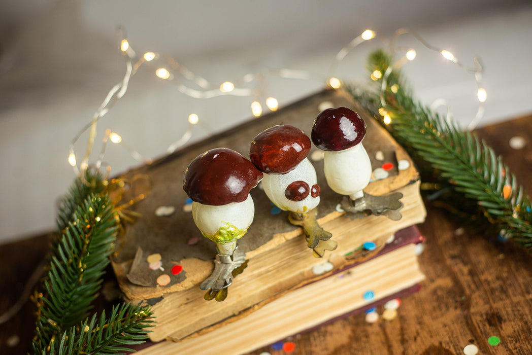 Vintage Glass Mushroom Clip On Ornament, 1950s Woodland
