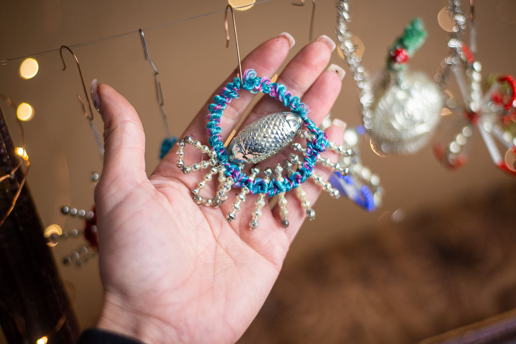 Antique German Chenille Christmas Ornaments, 1930s Mercury Glass Set of 7