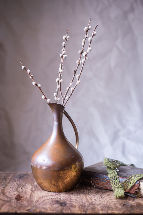 Vintage brass pitcher, metal water jug, rustic metal flower vase,