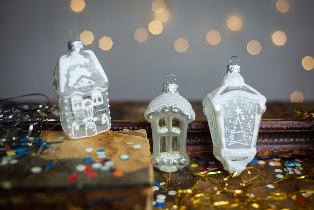 Frosted Glass House Ornament, White Winter Village