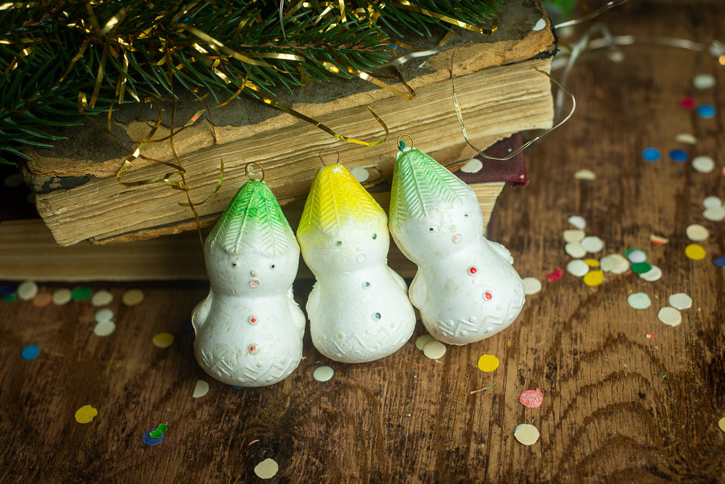 1960s Foam Plastic Snowman Ornaments, Soviet Retro