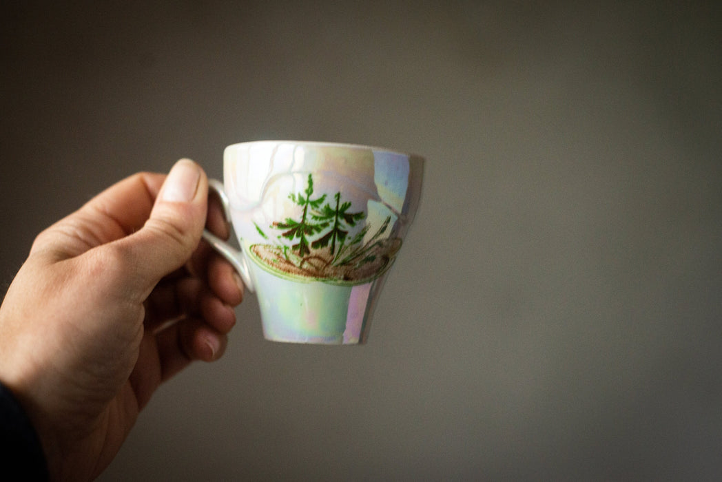 Vintage Porcelain Mini Teacup Set: Pearlescent Pine Design, USSR 1970s