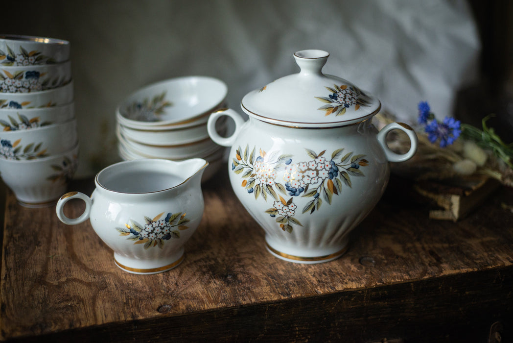 Vintage Floral Porcelain Dinner Set, Rustic Soup Tureen and Bowls Tableware