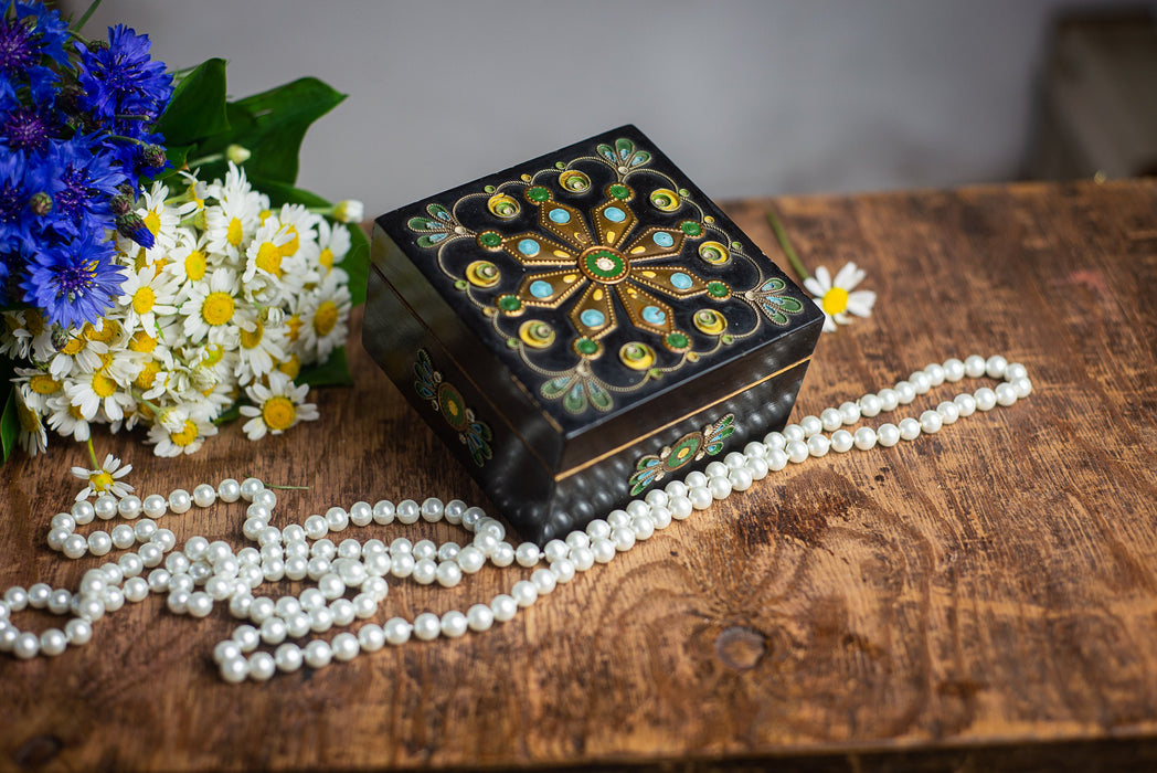 Vintage Wooden Trinket Box with Floral Enamel and Brass Inlay Jewelry Storage