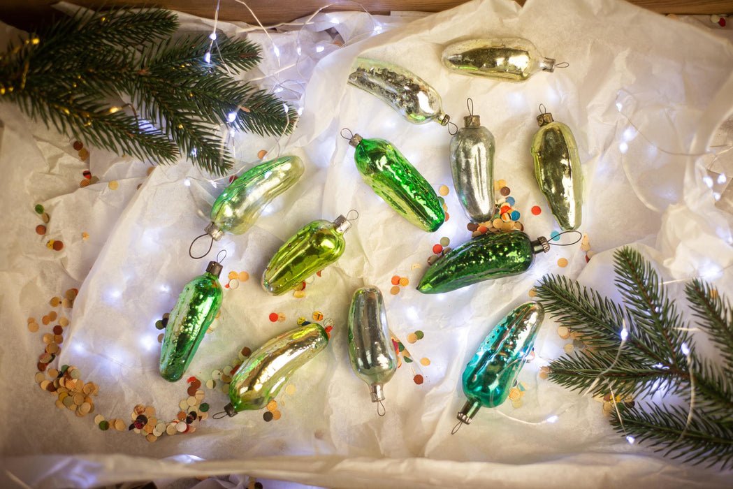 Vintage Glass Christmas Pickle Ornament, Green Cucumber