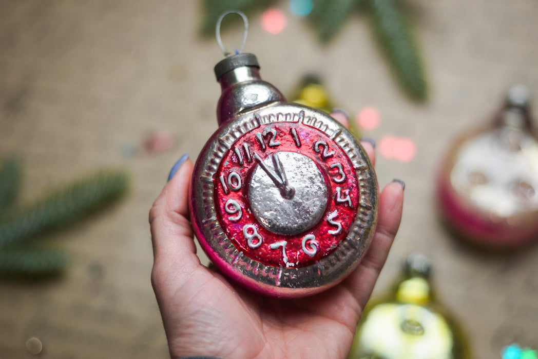 Vintage Clock Glass Christmas Ornament, Retro Holiday