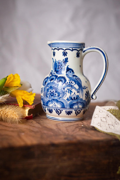 Hand-painted Delft Blue pitcher, flowers and birds, Holland Vintage Ceramic
