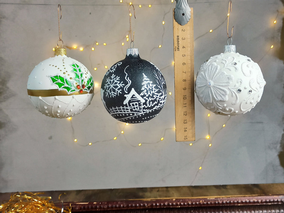 Black White Christmas Baubles Set, Hand Painted Glass