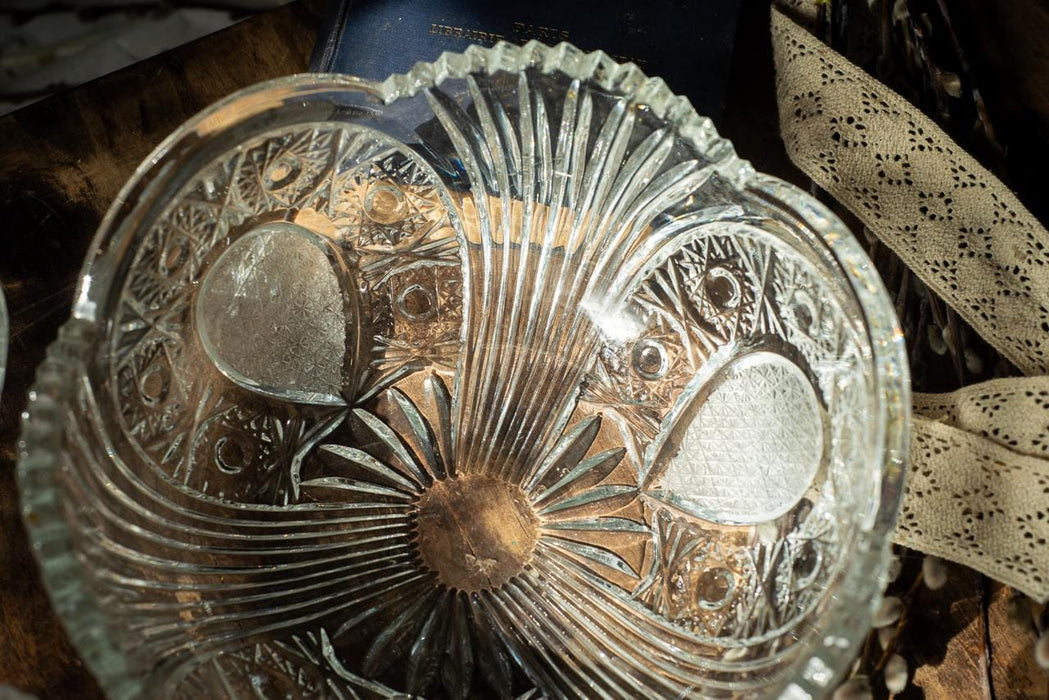 Vintage Cut Crystal Bowl, 1970s Clear Glass Fruit Dish