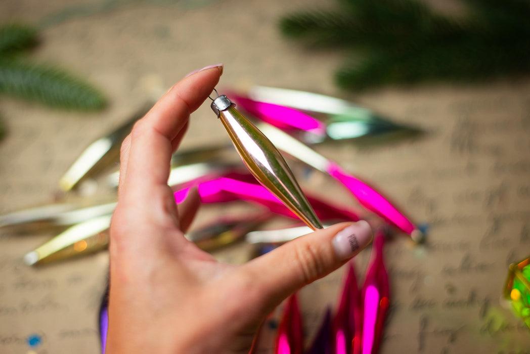 Small Vintage Glass Icicle Ornaments, Pink & Silver – 1950s