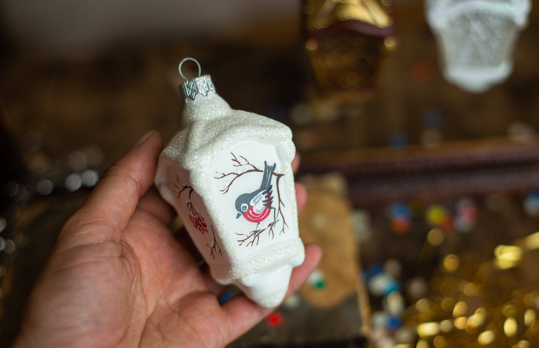Vintage Glass Lantern Ornament, Hand Painted Christmas