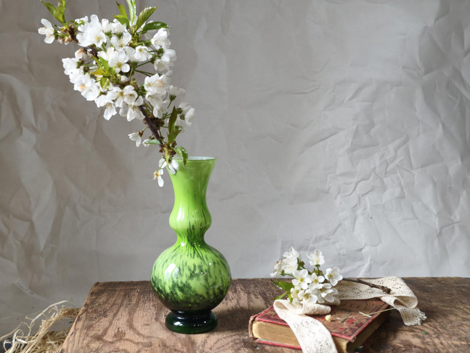Green Glass Vase Murano Style, Mid Century Retro Aesthetic Decor