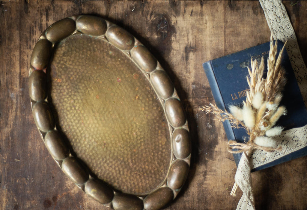 Vintage Brass Tray - 1950s German Oval Hammered Metal Serving Platter