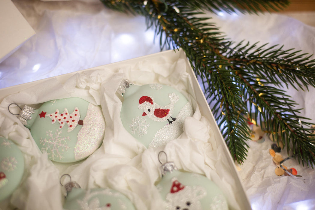 Set of 6 glass Christmas ornaments, cute Xmas tree hanging decorations