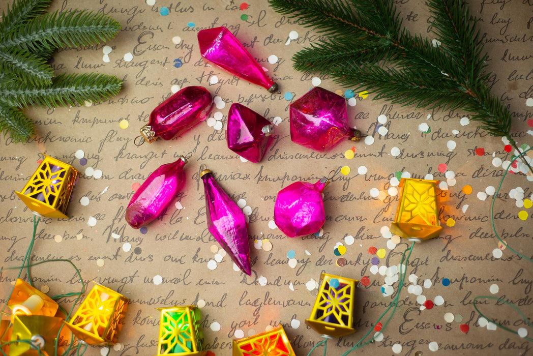 Vintage Pink Faceted Glass Christmas Ornaments Set of 7, 1950s Baubles