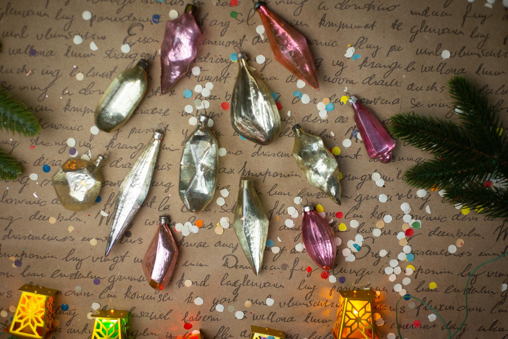 Vintage Pink Silver Glass Christmas Ornaments Set of 12, 1950s Mixed Baubles