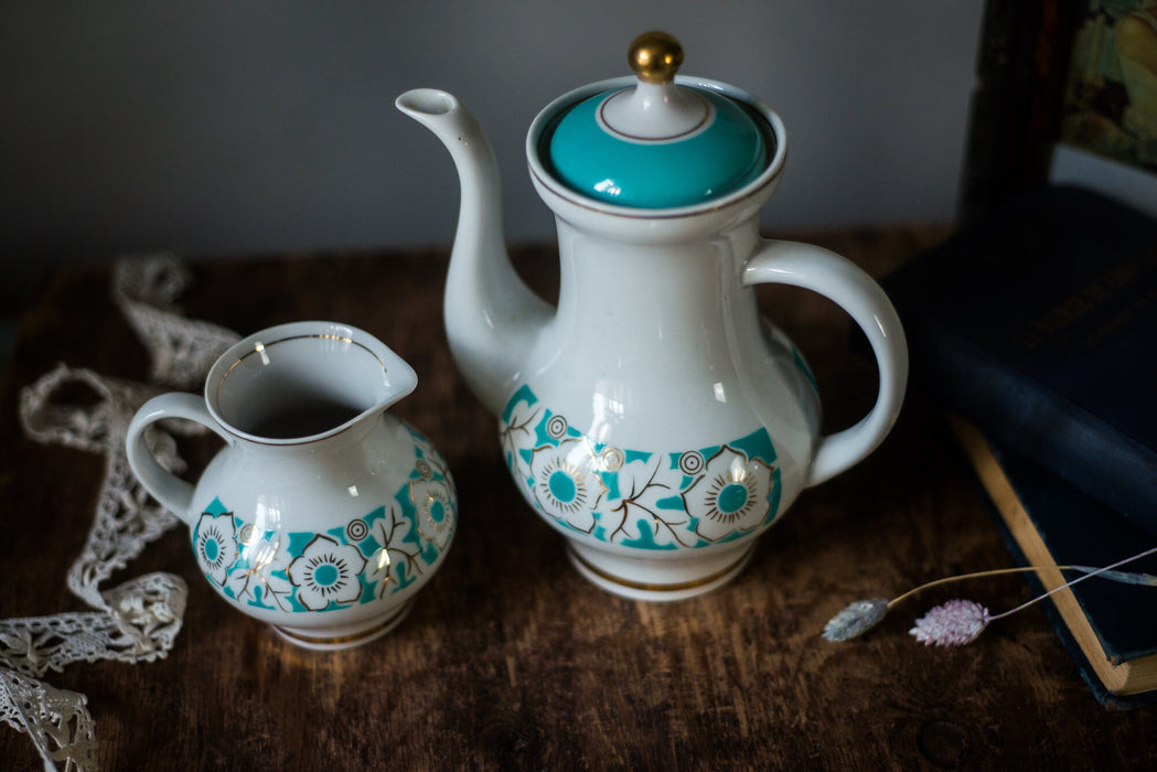 Vintage Porcelain Teapot and Creamer Set, Turquoise Floral USSR Tableware