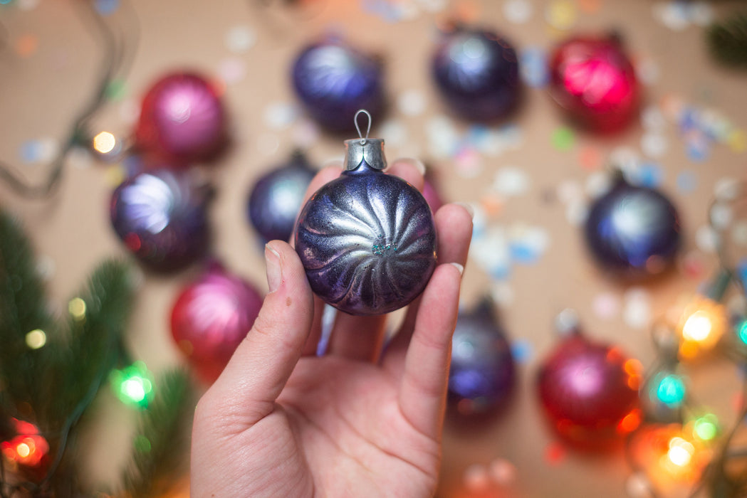 Vintage Glass Christmas Ornaments, Purple Red Baubles