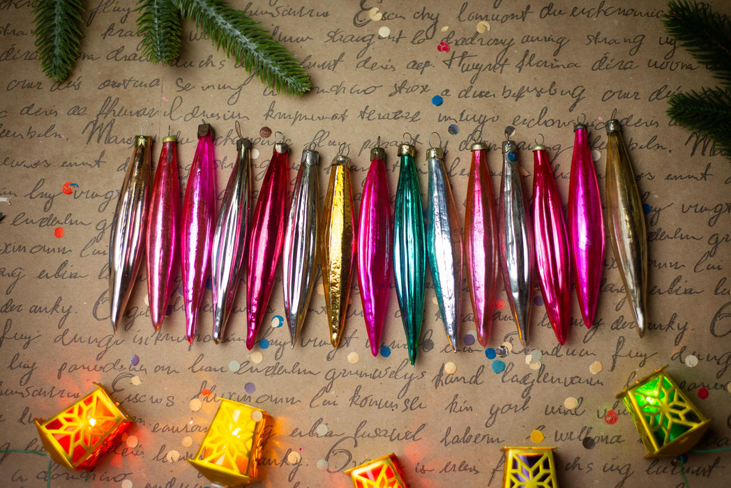 Long Vintage Glass Icicle Ornaments, Pink & Silver – 1950s