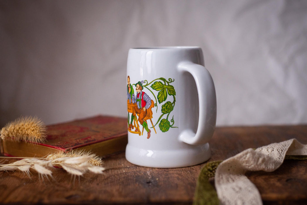 Vintage German Beer Stein Mug Bavarian Pub Scene Ceramic Tankard Oktoberfest Barware