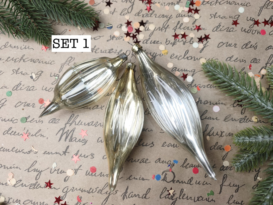Vintage Silver Glass Christmas Ornaments, Ribbed Icicles and Lantern Bauble Sets