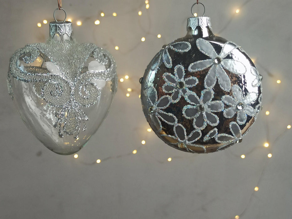 Hand-Blown Glass Christmas Ornament Set, Frosted Hearts