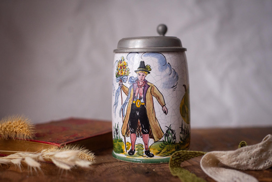 Vintage German Beer Stein Hunter Scene Ceramic Mug with Pewter Lid Bavarian Tankard